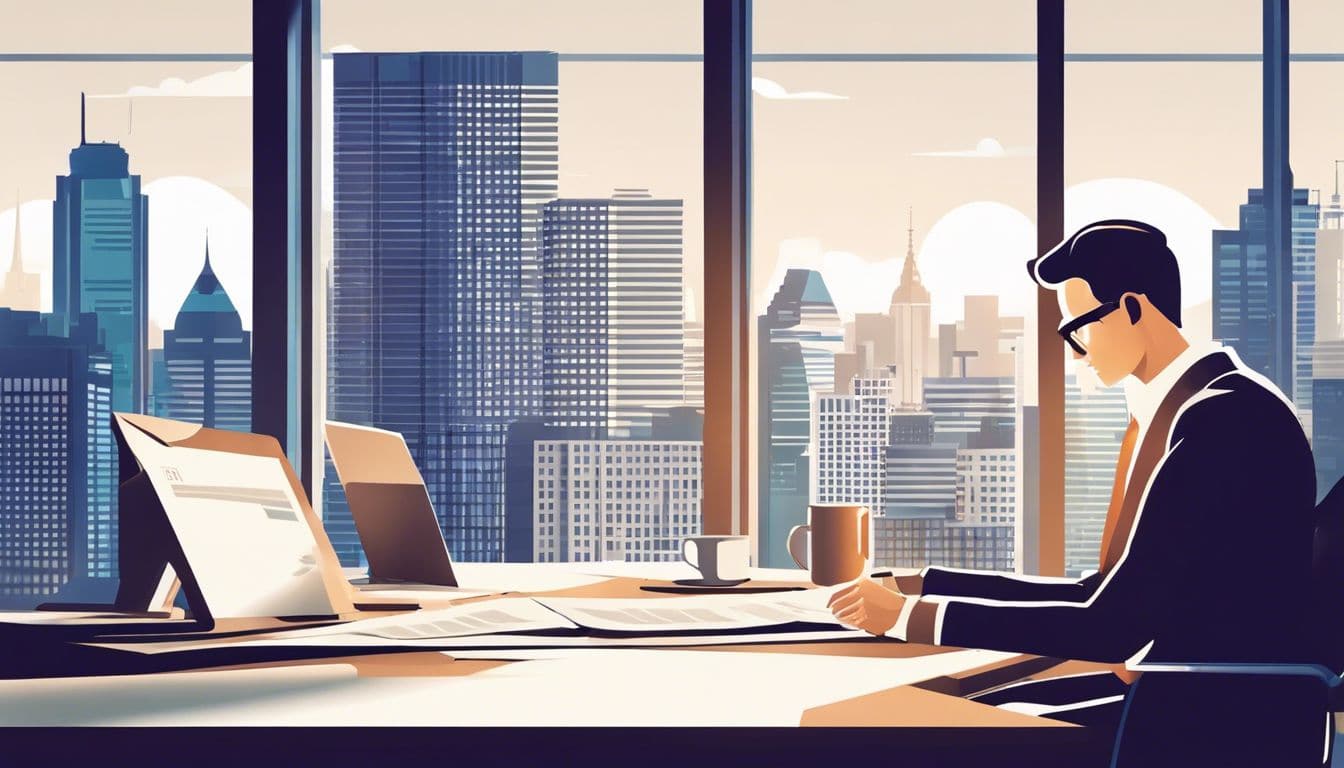 Een persoon bekijkt belastingformulieren bij een modern bureau met stadsgezicht.