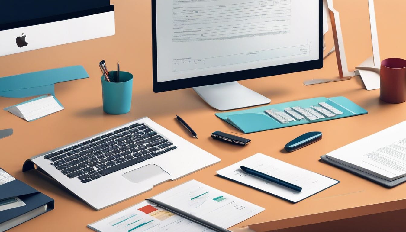 Een opgeruimd kantoorbureau met computer en financi&euml;le documenten.