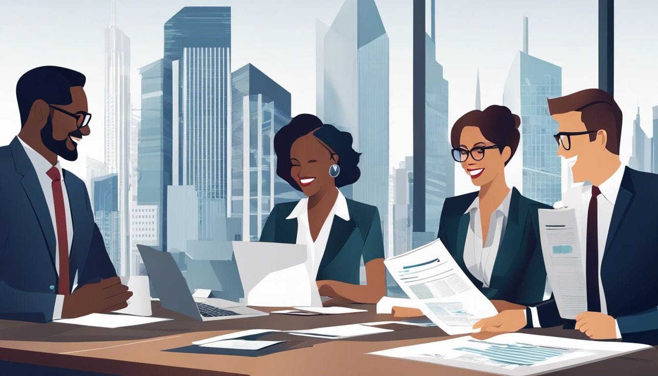 Een groep lachende bestuursleden bespreekt financi&euml;le documenten in een moderne kantooromgeving.