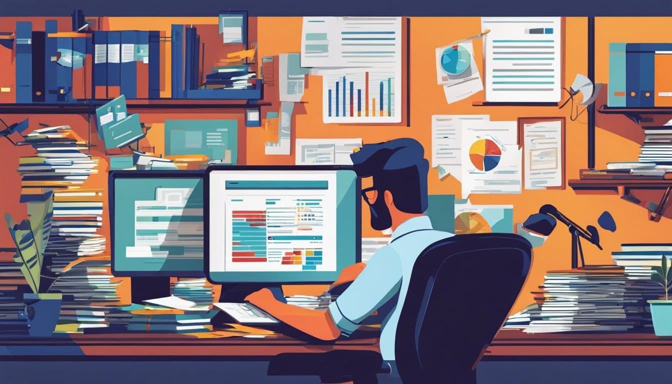 Een boekhouder analyseert financi&euml;le gegevens op een rommelig kantoor.