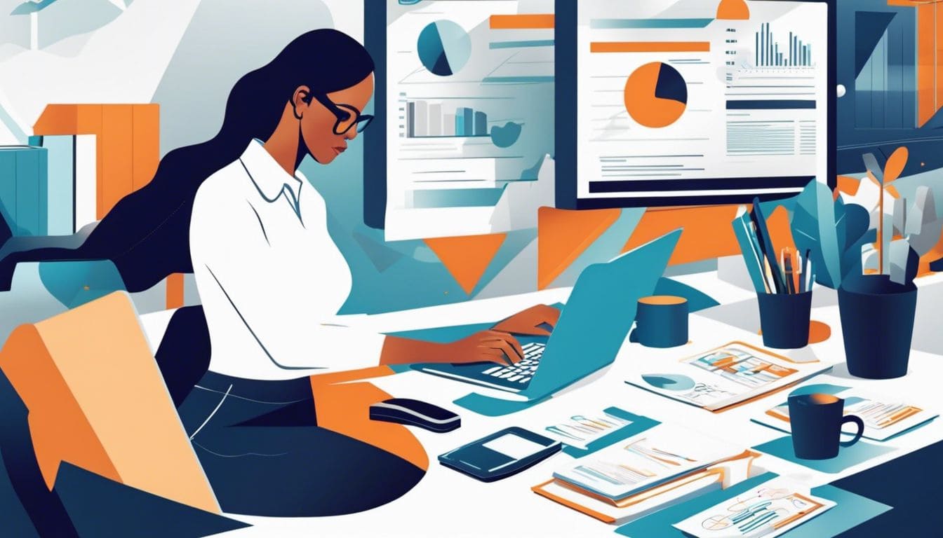 Een vrouw werkt op een laptop omringd door financi&euml;le documenten in een moderne kantooromgeving.