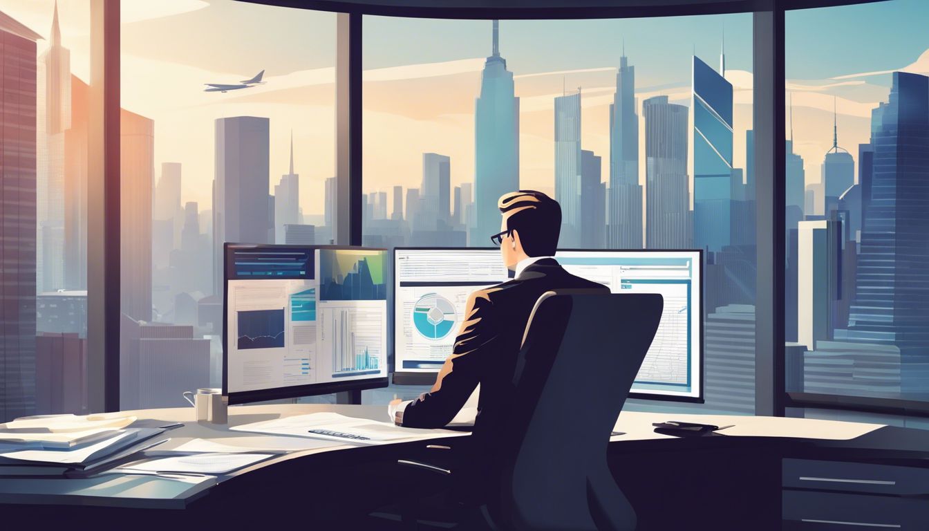 Een schatbewaarder werkt aan een modern bureau met financi&euml;le gegevens.