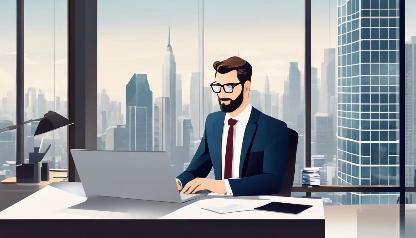 Een professionele accountant werkt op een laptop in een moderne kantooromgeving.