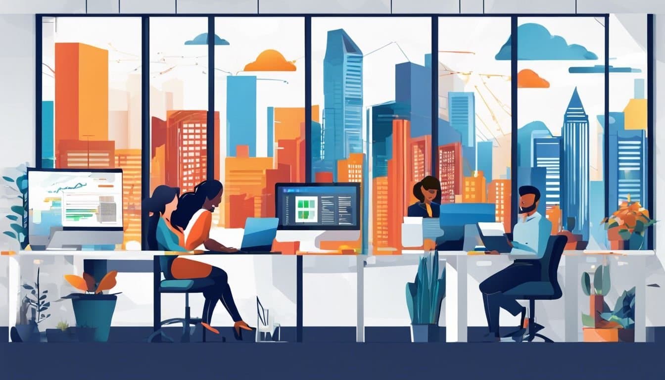 Een divers team gebruikt gebruiksvriendelijke non-profitboekhoudsoftware in een modern kantoor.