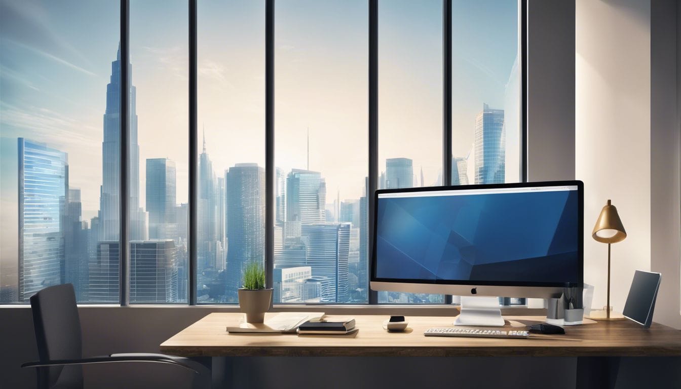 Gedetailleerde financi&euml;le verslagen worden weergegeven op een computerscherm in een modern kantoor met uitzicht op de stad.