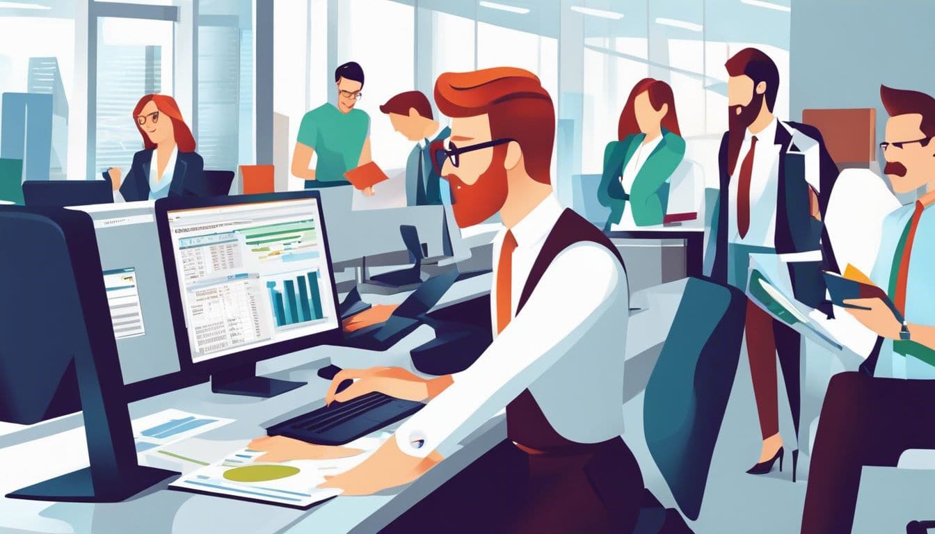 Een professionele accountant voert financi&euml;le gegevens in op een computer in een kantooromgeving.