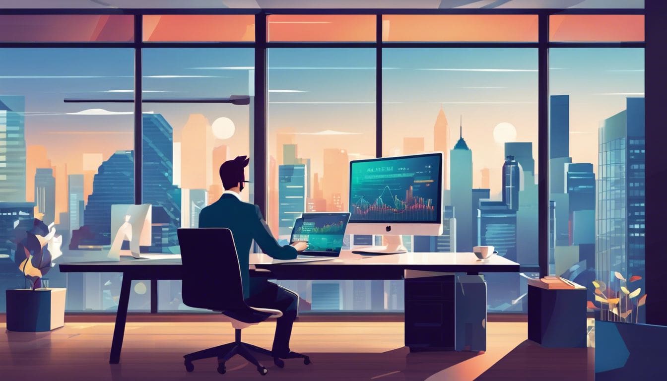 Een zakenman bestudeert aandachtig boekhoudsoftware op een strak modern kantoorbureau.