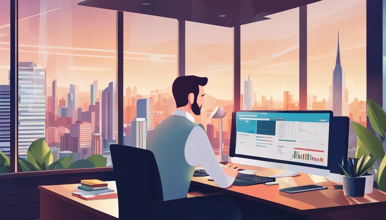 Een reisbureau-eigenaar vergelijkt boekhoudsoftware op een kantoorbureau.