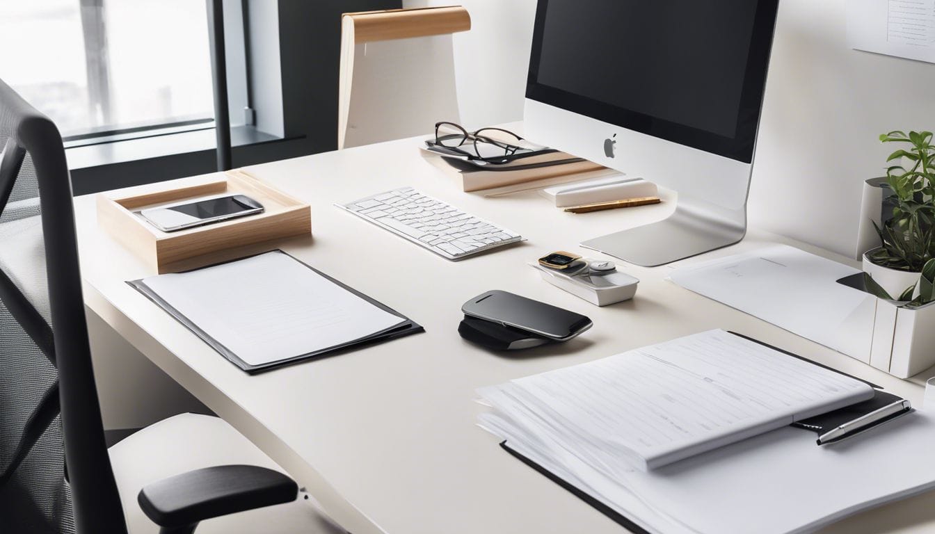 Een goed georganiseerd kantoorbureau met administratieve documenten. Een goed georganiseerd kantoorbureau met administratieve documenten.