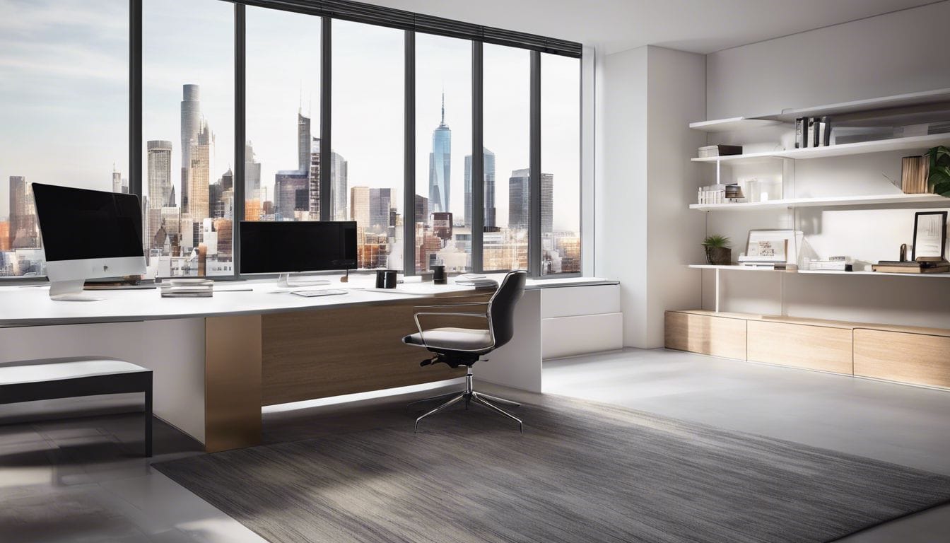 Een strak en modern kantoorbureau met een georganiseerde werkruimte.