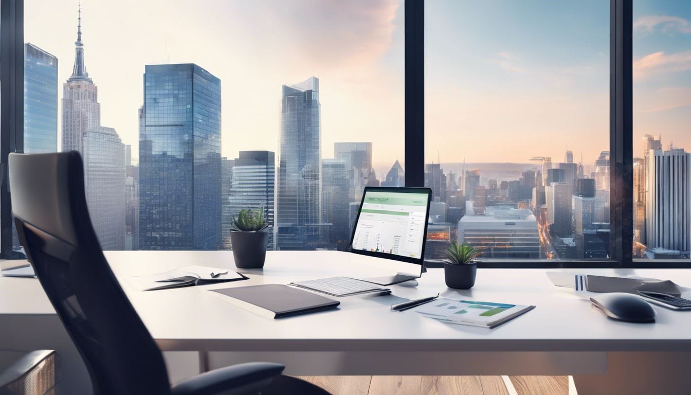 Een bedrijfseigenaar beheert financi&euml;n met 3A Accounting Software op een modern kantoor.