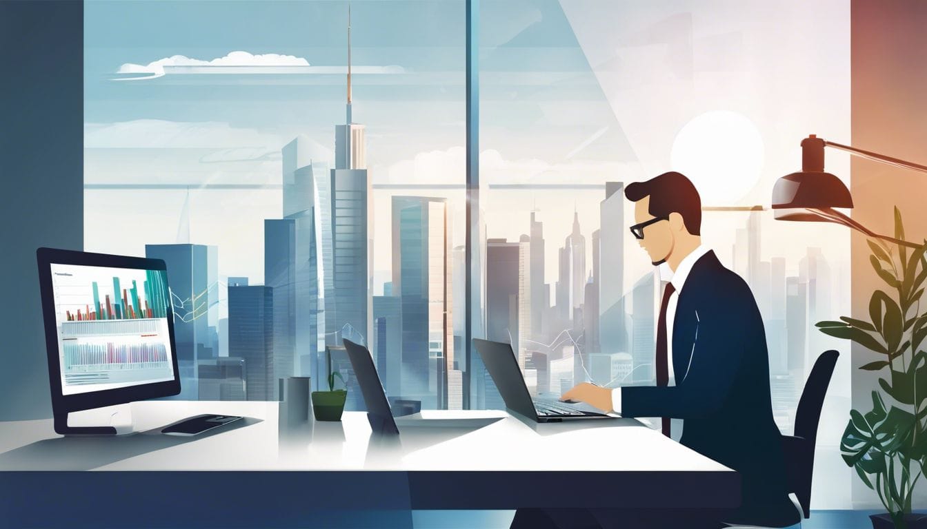 Een projectmanager analyseert projectkosten op een laptop in een modern kantoor.