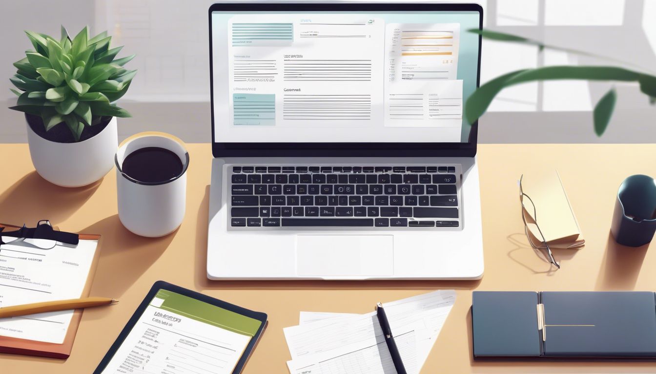 Een netjes georganiseerd bureau met laptop, rekenmachine en financi&euml;le documenten.