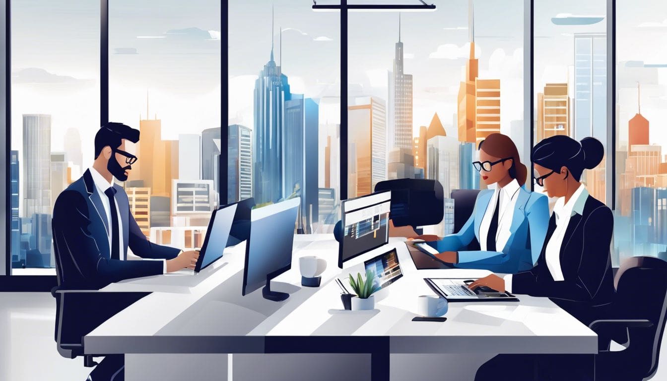 Een groep zakelijke professionals in een moderne kantooromgeving, gebruikmakend van geavanceerde salarissoftware, met stadsgezichtfotografie.