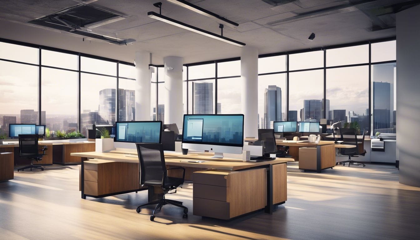 Een moderne kantooromgeving met ge&iuml;ntegreerde boekhoudsoftware en stadsgezichten.