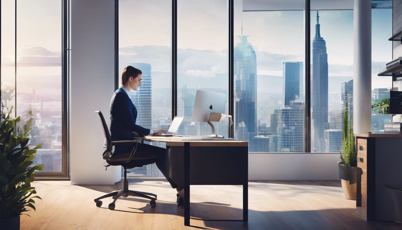 Persoon gebruikt boekhoudsoftware in modern kantoor met uitzicht op stad.