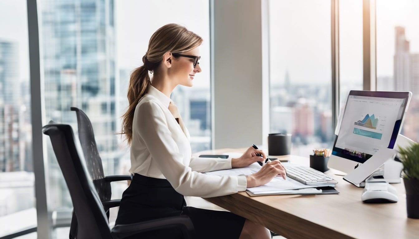 Een professionele zakenvrouw gebruikt de Gravita PSU Boekhouding V5 software op haar kantoor.