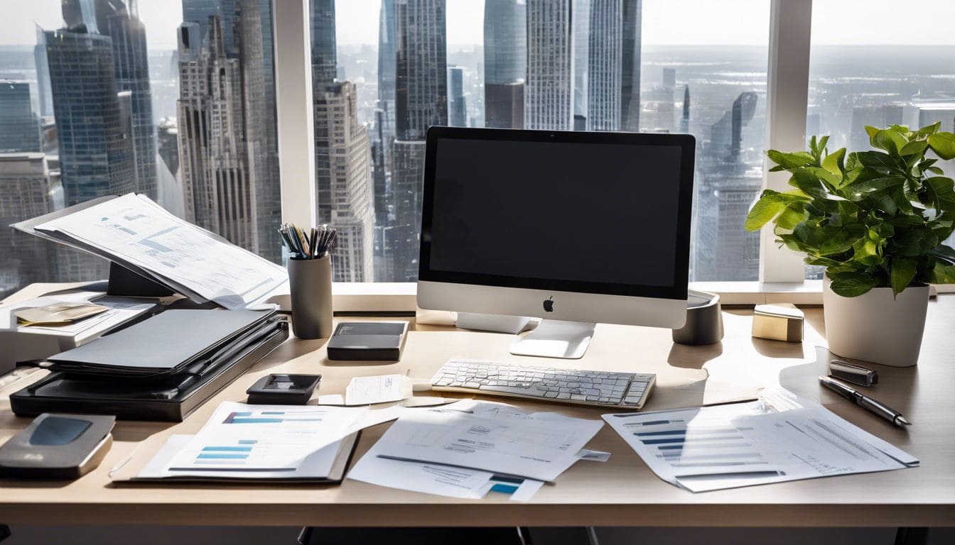 Een georganiseerd kantoor met computer, financi&euml;le documenten en stadsgezichtfoto's.