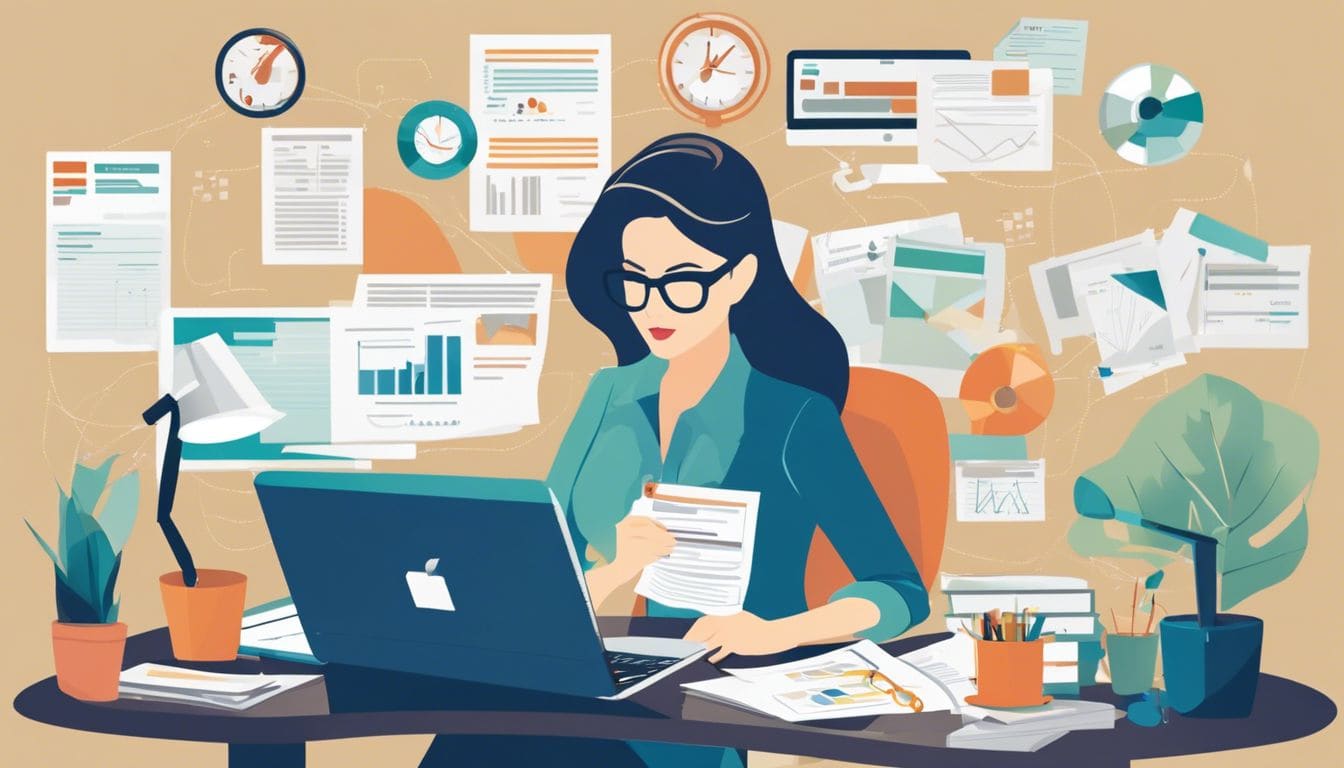 Een vrouw zit aan een bureau omringd door financi&euml;le documenten en gebruikt boekhoudsoftware.