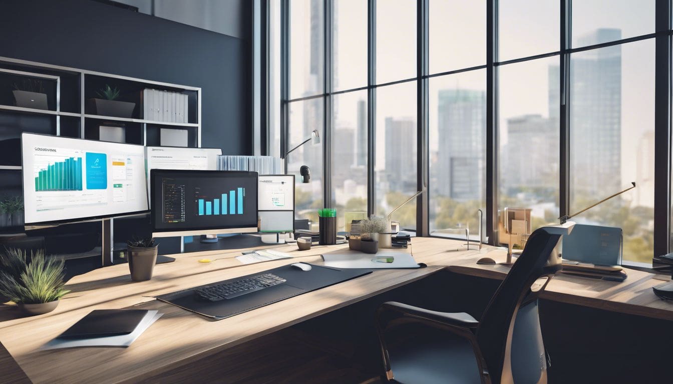 Een opgeruimd kantoor met moderne, effici&euml;nte uitstraling en futuristische apparatuur.