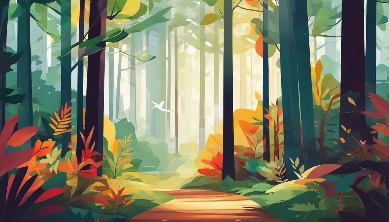 Een rustig bos met een duidelijk pad en wegwijzer.