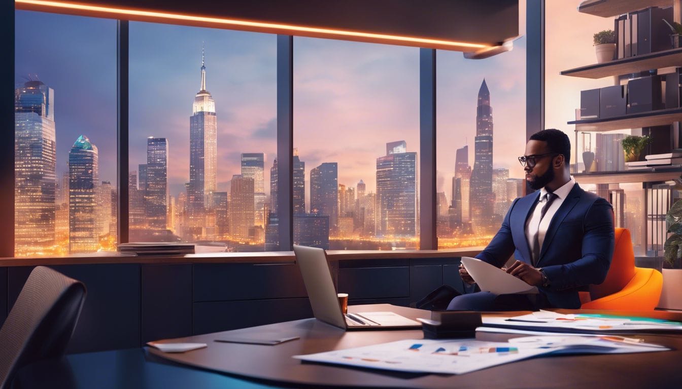 Een ondernemer die financi&euml;le rapporten bekijkt op een modern kantoor met uitzicht op de stad.