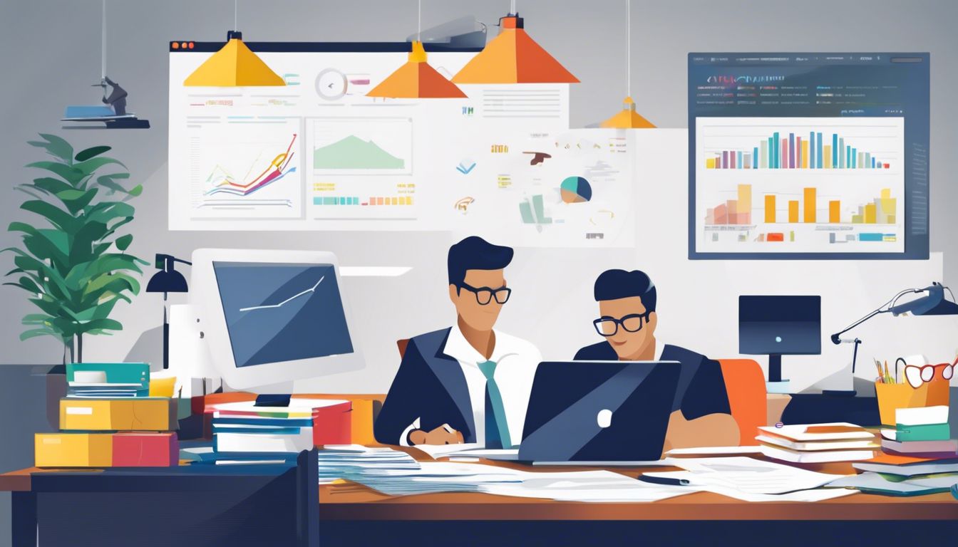 Een ondernemer beheert financi&euml;le gegevens met iMuis software in een moderne kantooromgeving.