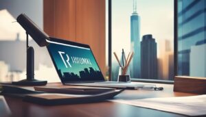 Een handelsmerksymbool op een moderne en stijlvolle tafel met juridische documenten en stadsgezichten.