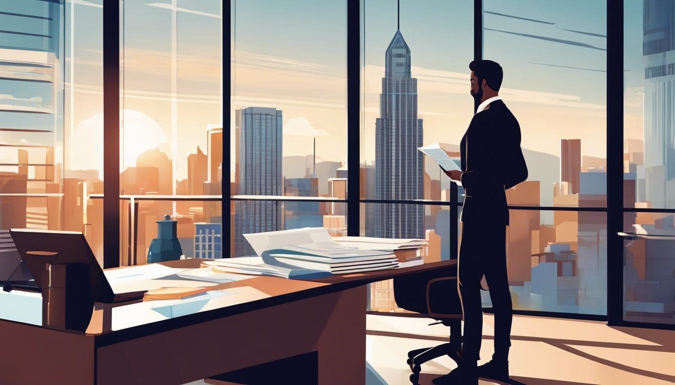 Een bedrijfseigenaar bekijkt juridische documenten in een advocatenkantoor, met een indrukwekkend stadsgezicht op de achtergrond. Een bedrijfseigenaar bekijkt juridische documenten in een advocatenkantoor, met een indrukwekkend stadsgezicht op de achtergrond.