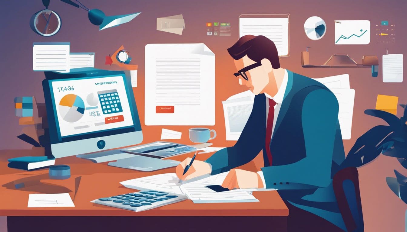 Een persoon zit aan een bureau, gebruikt een rekenmachine en is geconcentreerd op het werk.