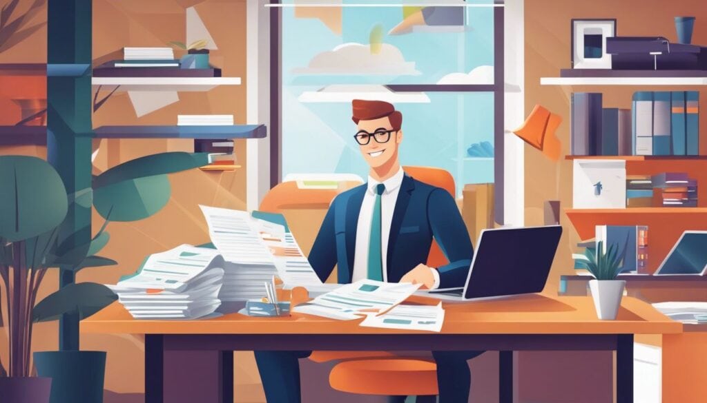 Een kleine ondernemer omringd door georganiseerde financiële documenten in een modern kantoor.