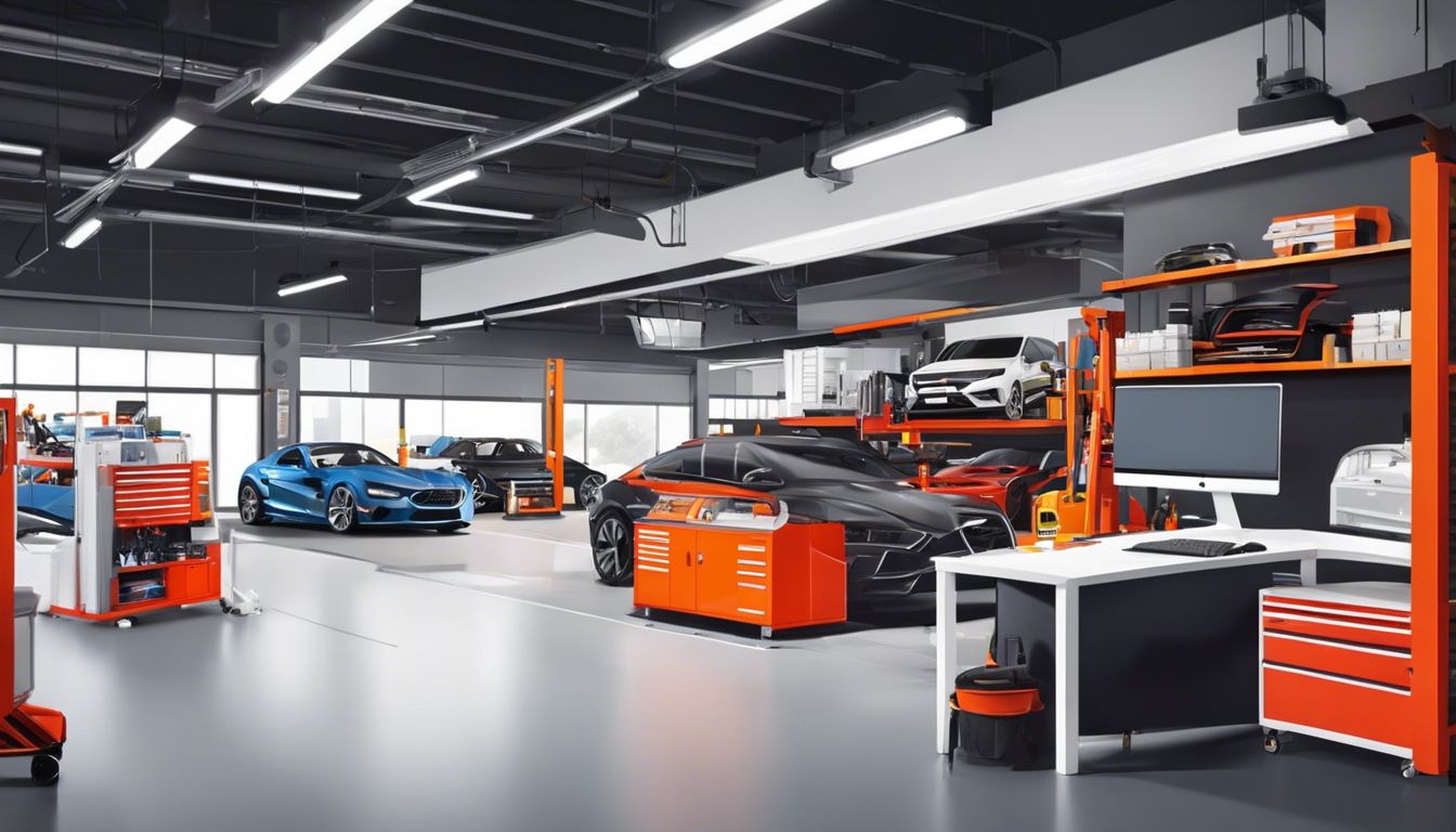 Een opgeruimd bureau in een moderne autoreparatiewerkplaats met georganiseerde gereedschappen en auto's die worden gerepareerd.