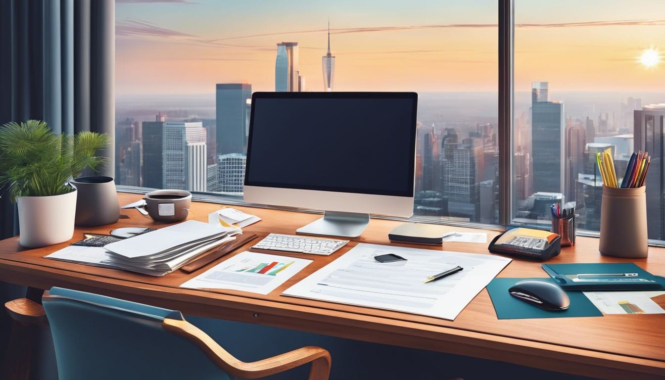 Een opgeruimd kantoorbureau met financi&euml;le documenten en een computer.