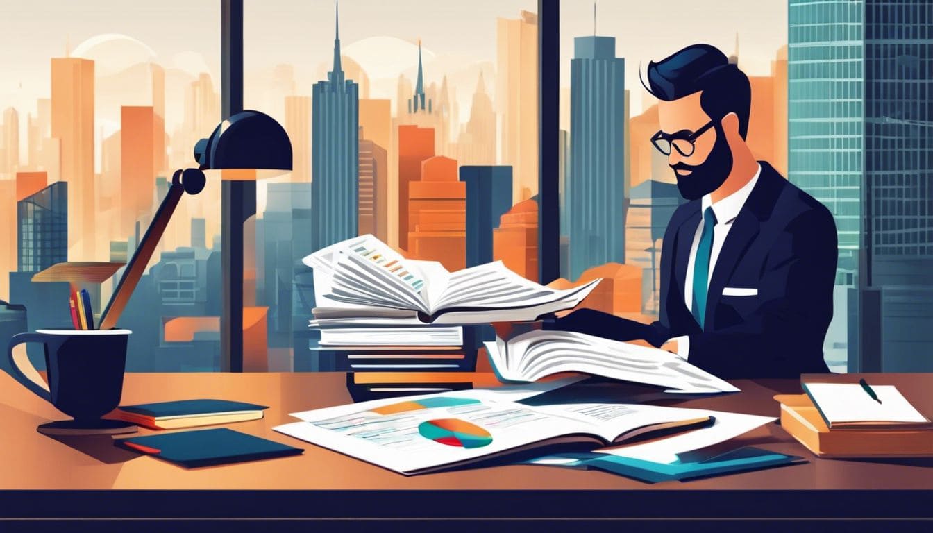 Een persoon analyseert financiële gegevens met een vergrootglas op een net bureau.