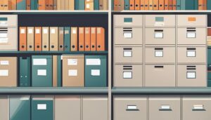 Een goed georganiseerd archiefkast met gelabelde mappen in een professionele kantooromgeving.