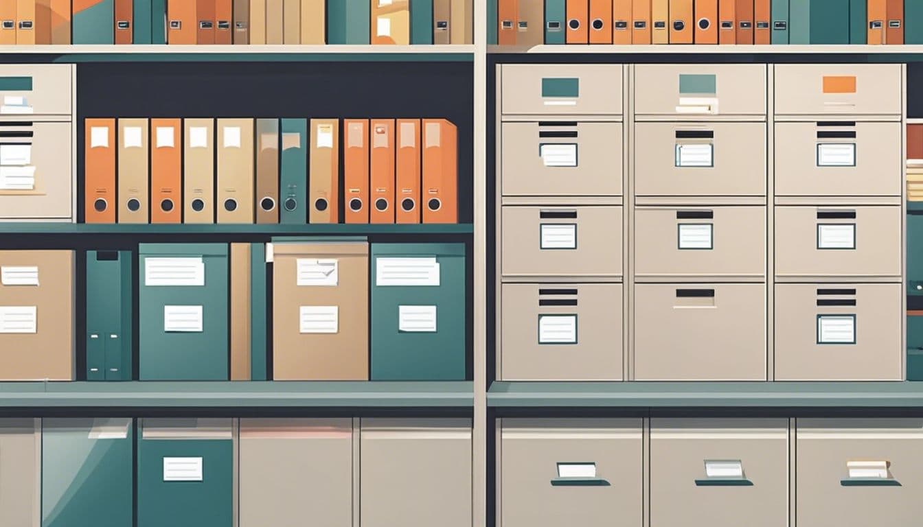 Een goed georganiseerd archiefkast met gelabelde mappen in een professionele kantooromgeving.
