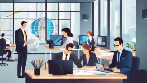 Een professionele accountant werkt met BOB-software in een moderne kantooromgeving, met collega's op de achtergrond.