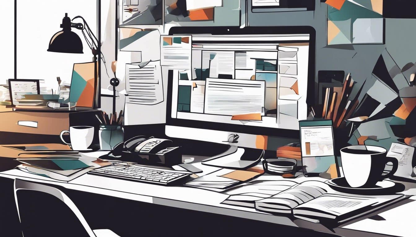 Een rommelig kantoorbureau met computer en stapels papierwerk.