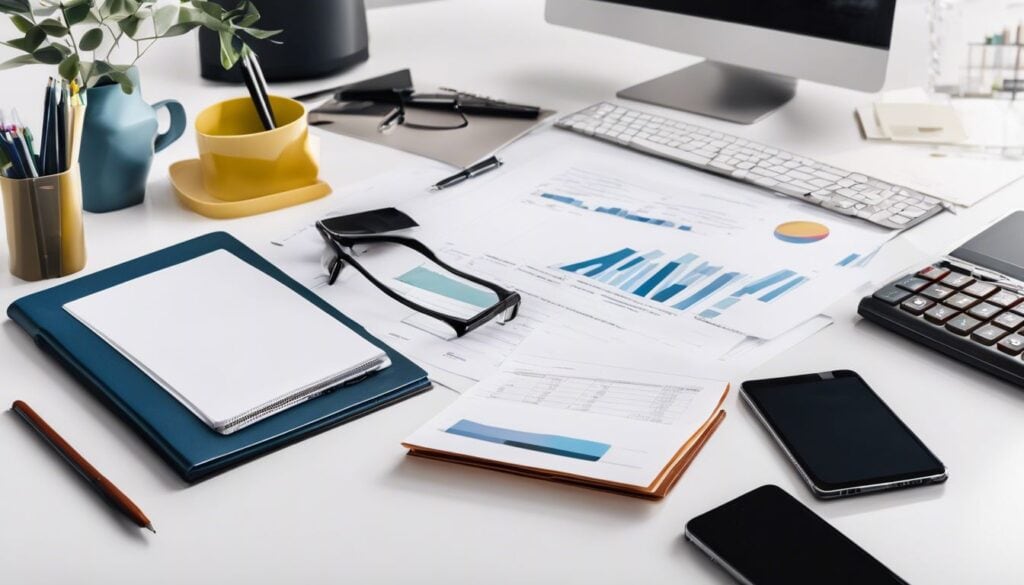 Een georganiseerd kantoor met financiële documenten en kantoorbenodigdheden.