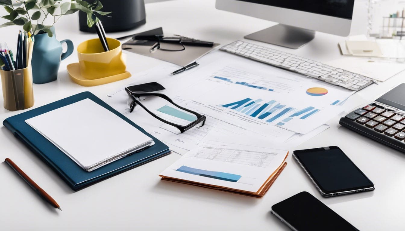 Een georganiseerd kantoor met financiële documenten en kantoorbenodigdheden.
