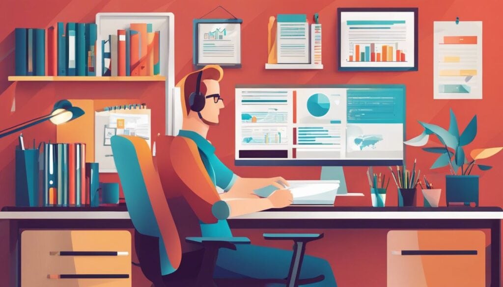 Een tevreden zakelijke eigenaar in een modern kantoor met georganiseerde kantoorbenodigdheden.