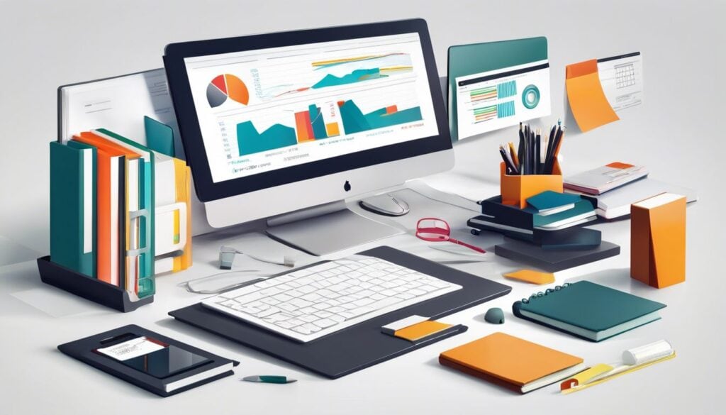 Een opgeruimd kantoorbureau met laptop en financiële documenten.