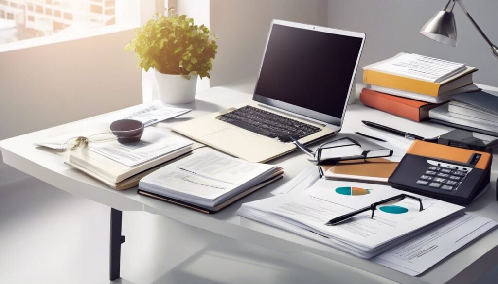 Een opgeruimd kantoorbureau met boekhoudboeken en financiële documenten.