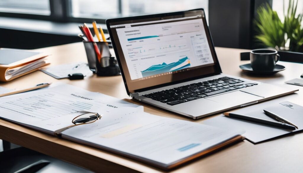 Een professionele en efficiënte werkomgeving met financiële documenten en notitieblok op een schoon bureau.