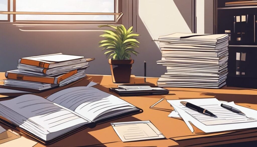 Een opgeruimd bureau met een open boek en pen.