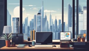 Een georganiseerd bureau met financiële documenten, laptop en stadsgezicht reflectie.