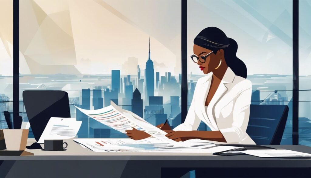 Een vrouwelijke professional onderzoekt financiële documenten in een modern kantoor.