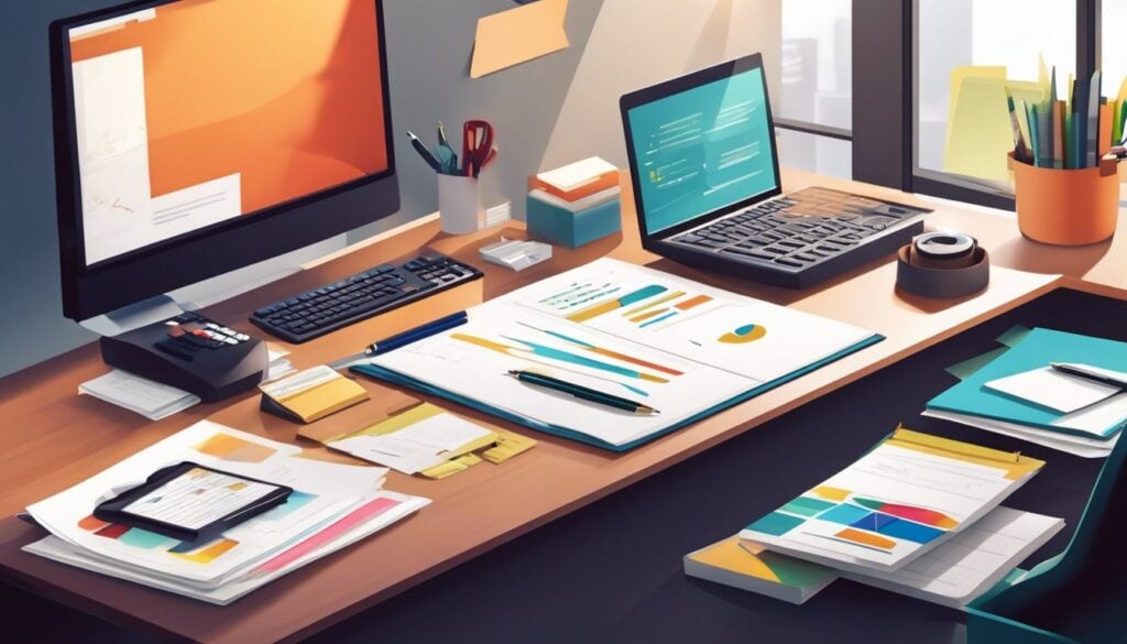 Een netjes en georganiseerd bureau met financiële documenten en een rekenmachine.