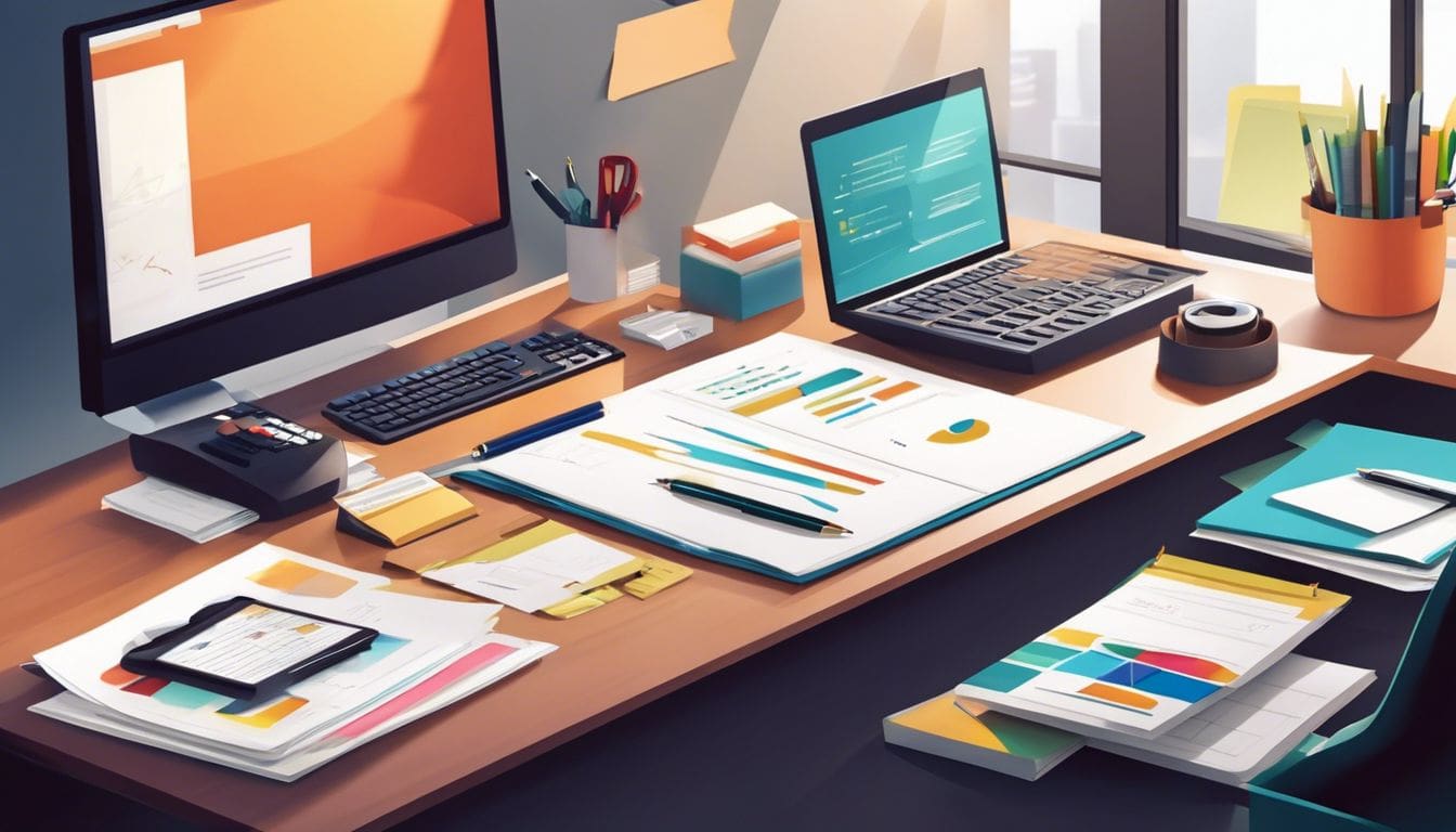 Een netjes en georganiseerd bureau met financiële documenten en een rekenmachine.