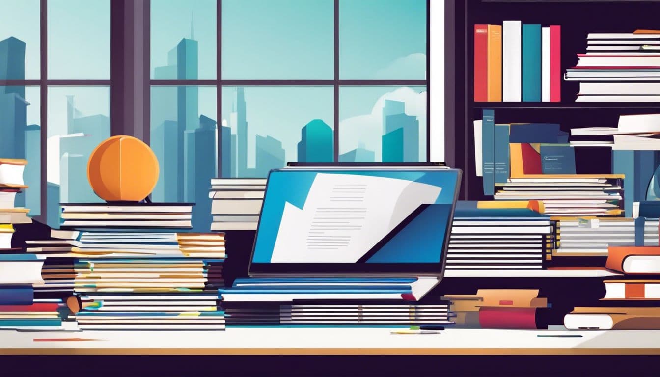 Een stapel creditnota's en boekhoudkundige boeken op een opgeruimd bureau.